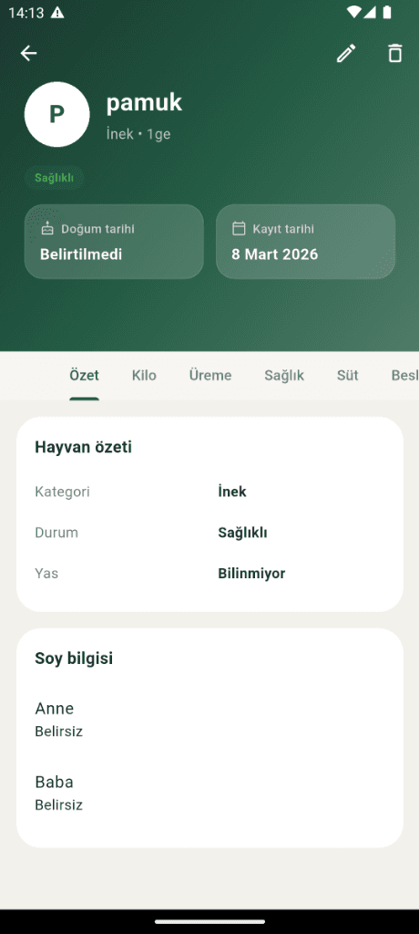 SürüPlus hayvan kartı